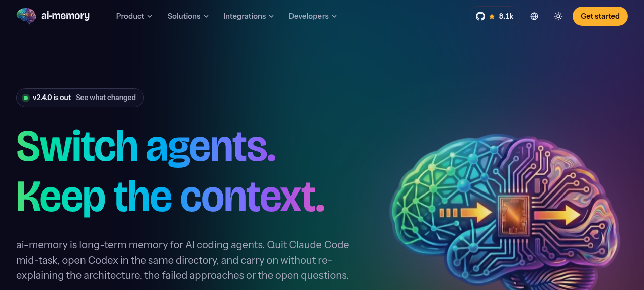 Landing page do ai-memory, sistema de memória de longo prazo pra agentes de código