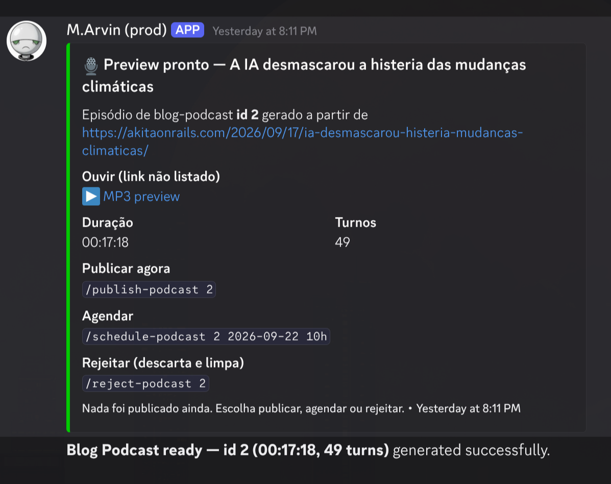 Bot do Discord avisando que o preview de um episódio de podcast está pronto, com comandos pra publicar, agendar ou rejeitar
