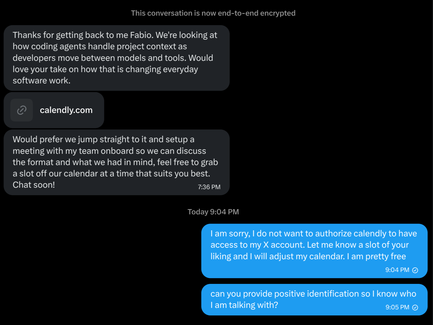 Conversa de DM no X: a conta manda um link do Calendly e pede pra marcar reunião com o time dela; eu respondo recusando autorizar o Calendly a acessar minha conta do X e peço identificação