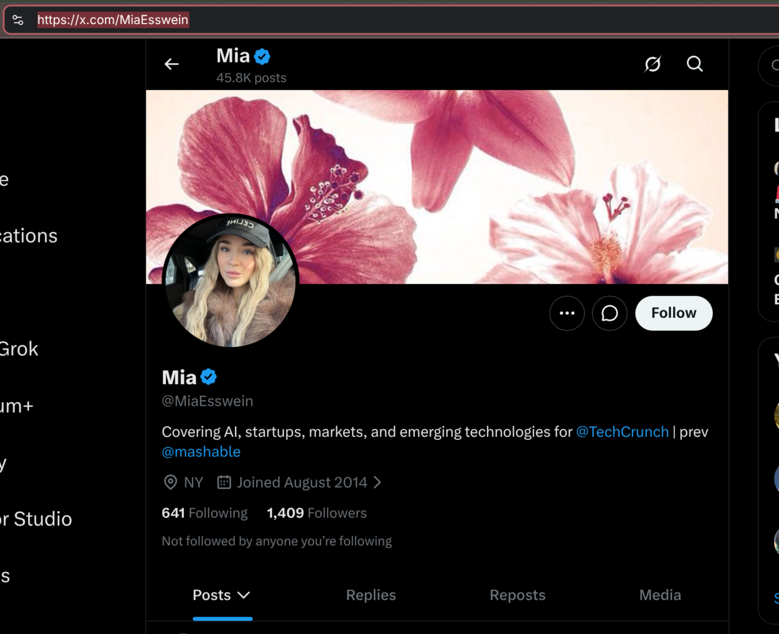 Perfil no X de uma conta chamada Mia, @MiaEsswein, com selo de verificado, se apresentando como jornalista cobrindo IA para a TechCrunch, anteriormente na Mashable