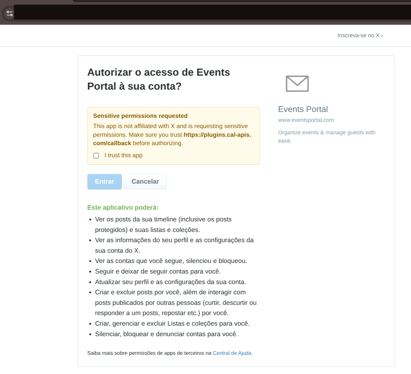 Tela de autorização OAuth do X pedindo permissão para o app “Events Portal” acessar a conta, com aviso de que o app não é afiliado ao X e está pedindo permissões sensíveis, callback em plugins.cal-apis.com