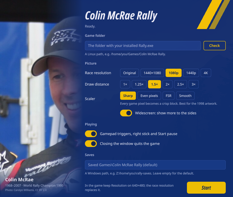 Launcher do Colin McRae Rally, com configuração de resolução, widescreen, draw distance, controle e diretórios