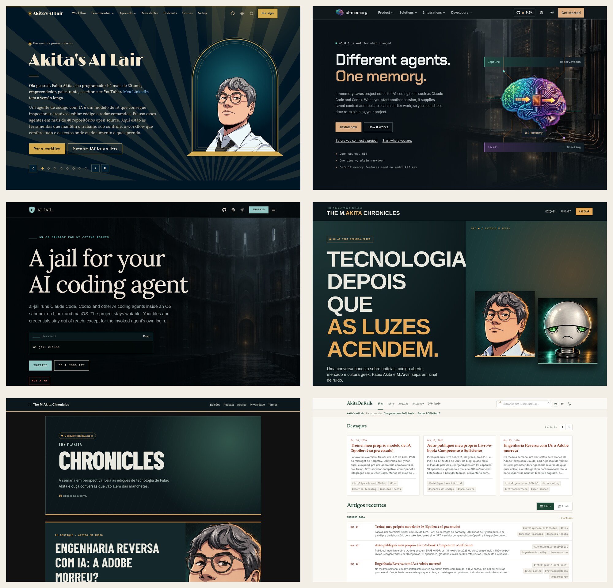 Os seis sites redesenhados em produção: Akita’s AI Lair, ai-memory, ai-jail, The M.Akita Chronicles, o arquivo da newsletter e AkitaOnRails