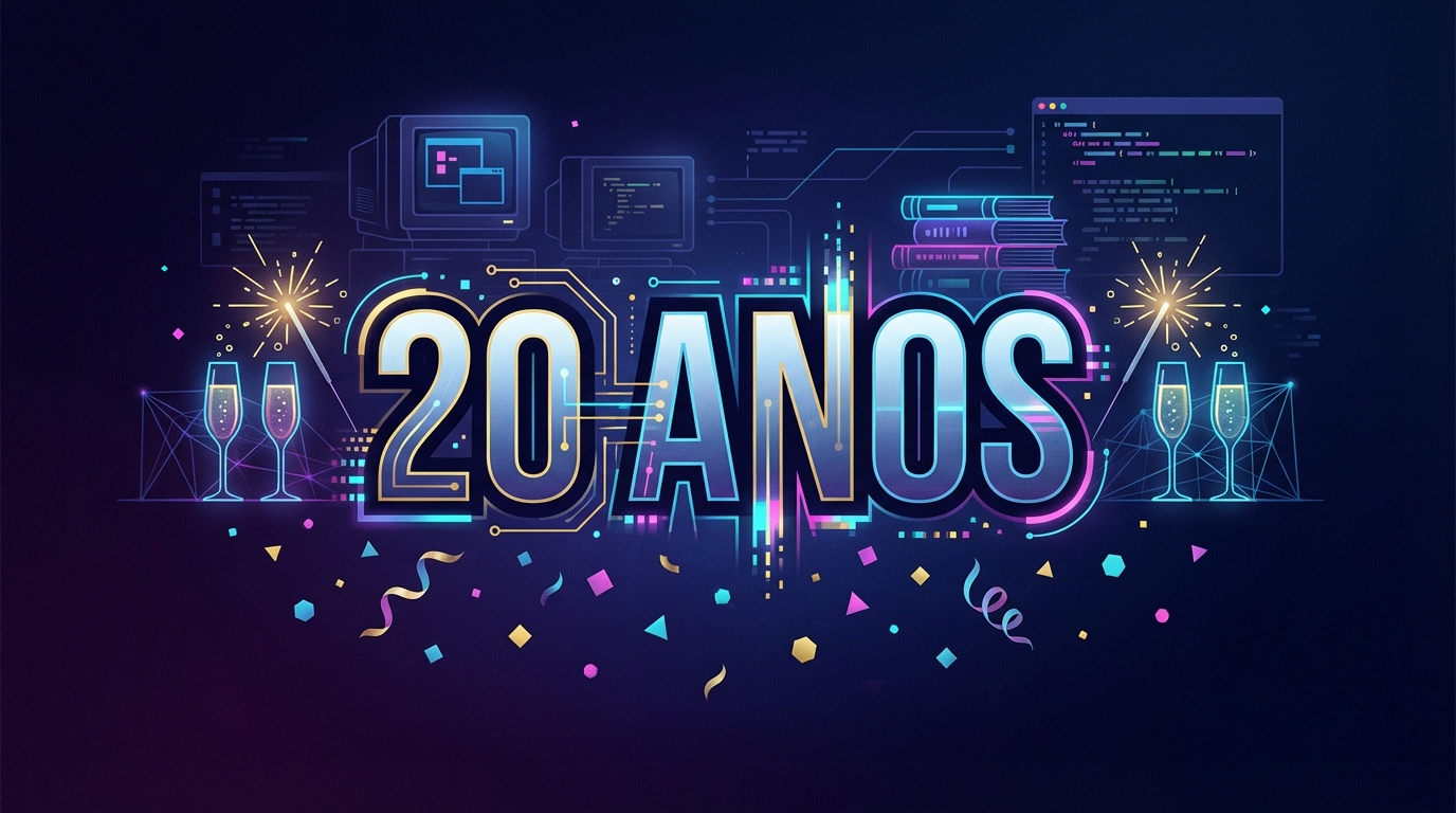 20 ANOS em letras grandes brilhantes em estilo neon-tech, com taças de champanhe, sparklers, confete e silhuetas de monitor CRT e código no fundo, paleta roxa com acentos ciano e magenta