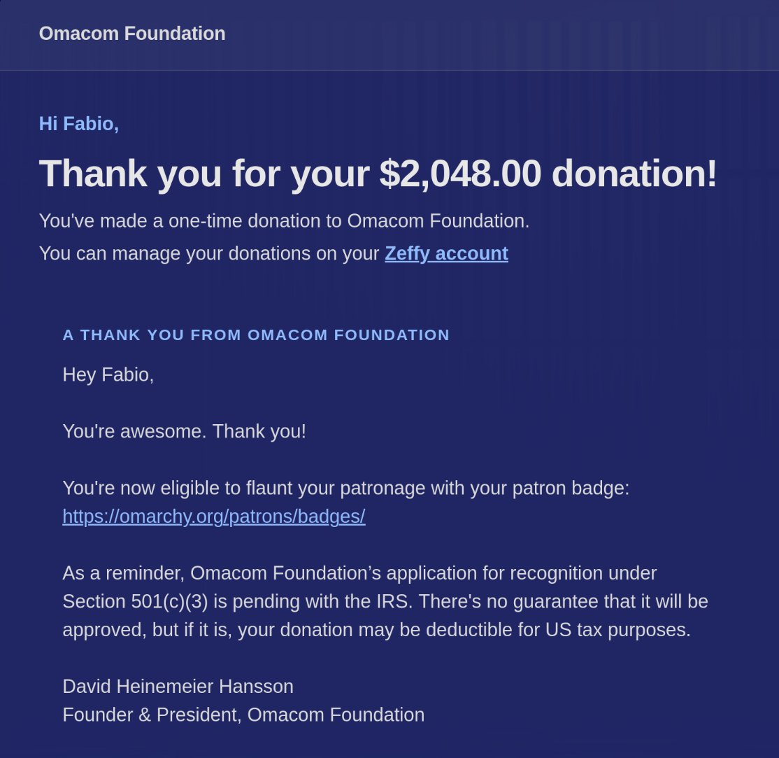 Recibo da minha doação de 2.048 dólares para a Omacom Foundation, assinado pelo DHH como Founder & President