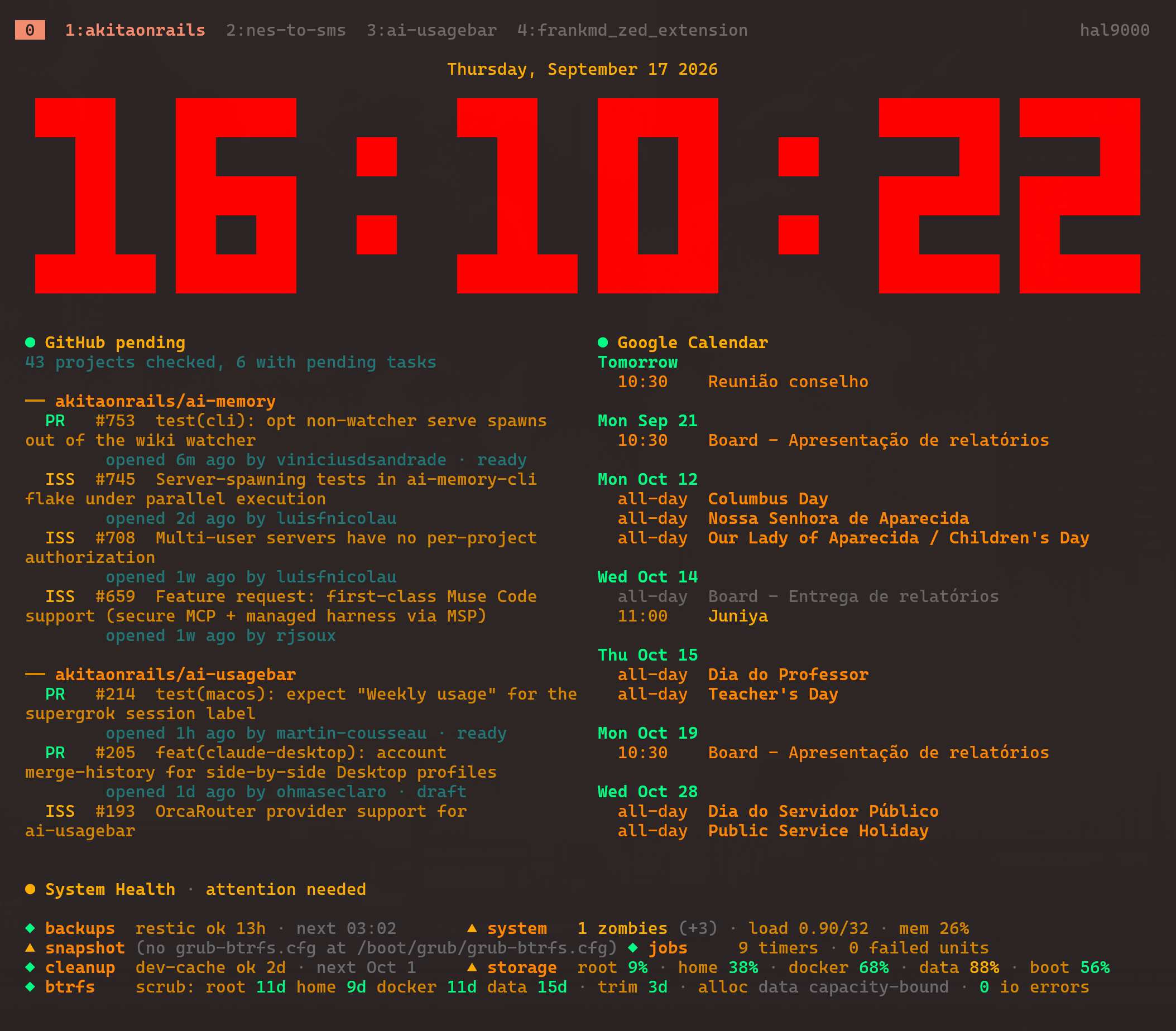 Meu segundo monitor com tclock e ghpending listando os repositórios com PRs e issues abertos