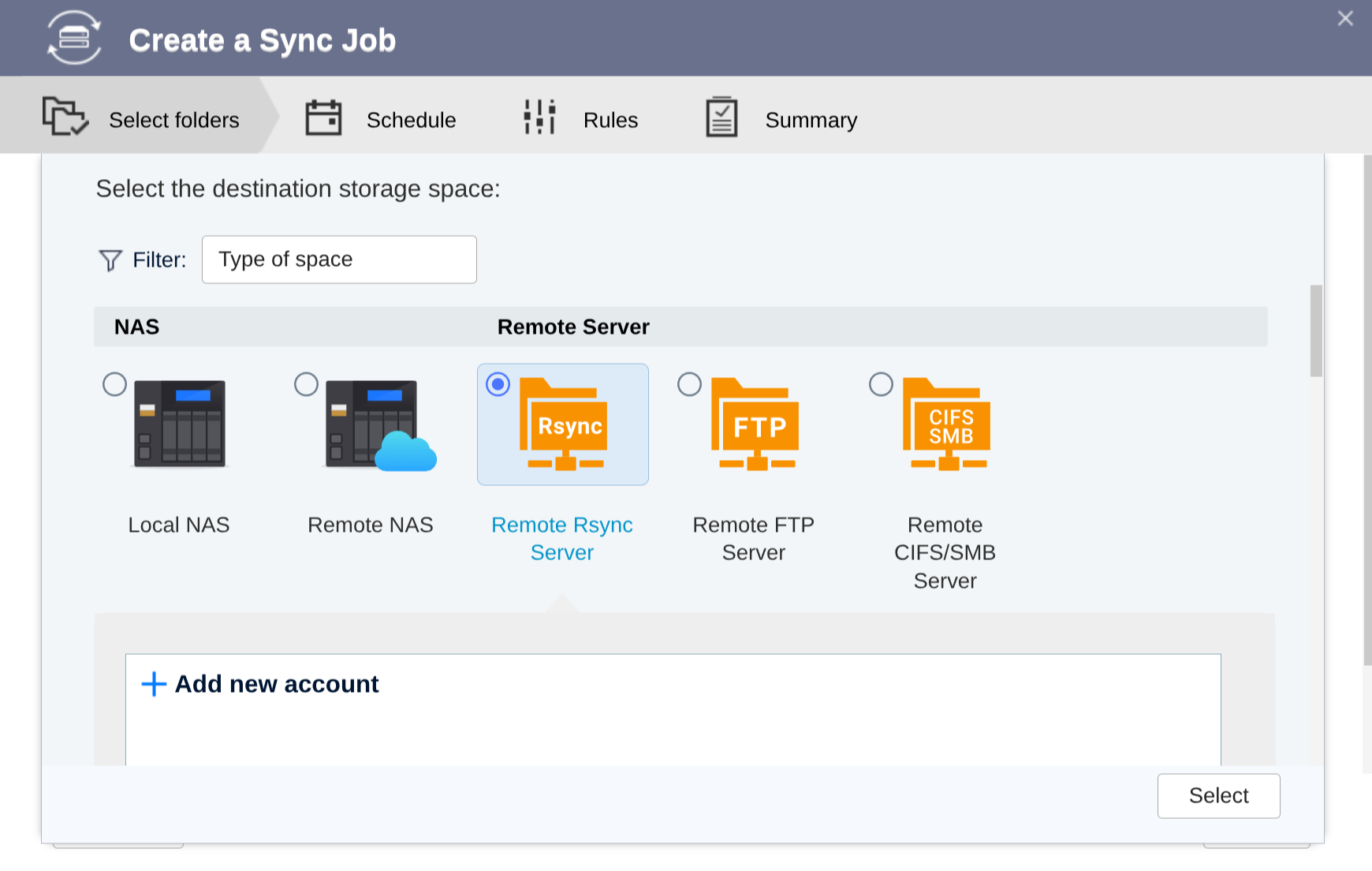 Tela de criação de job de sincronização do HBS 3, com as opções de destino: NAS local, NAS remoto, Rsync, FTP e CIFS/SMB