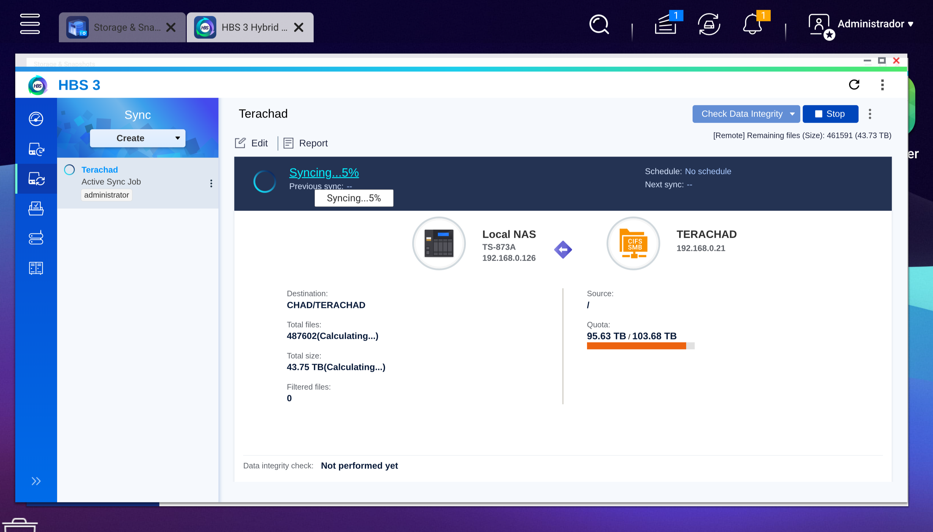 HBS 3 sincronizando do Synology TERACHAD para o QNAP TS-873A
