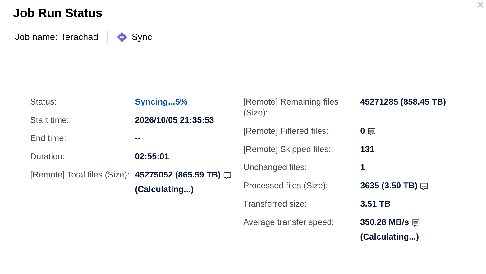 Status do job no HBS 3 mostrando 45 milhões de arquivos e 865 TB calculados, com média de 350 MB/s