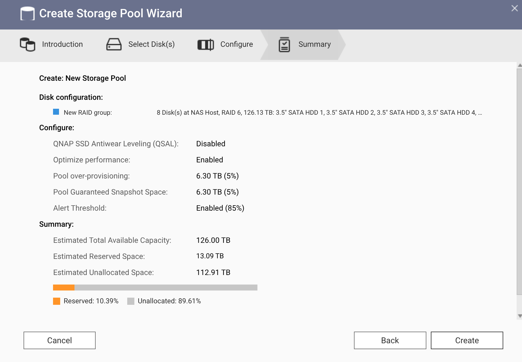 Assistente de criação de storage pool do QNAP: 8 discos em RAID 6, 126 TB, over-provisioning de 5%, espaço garantido de snapshot de 5% e alerta em 85%