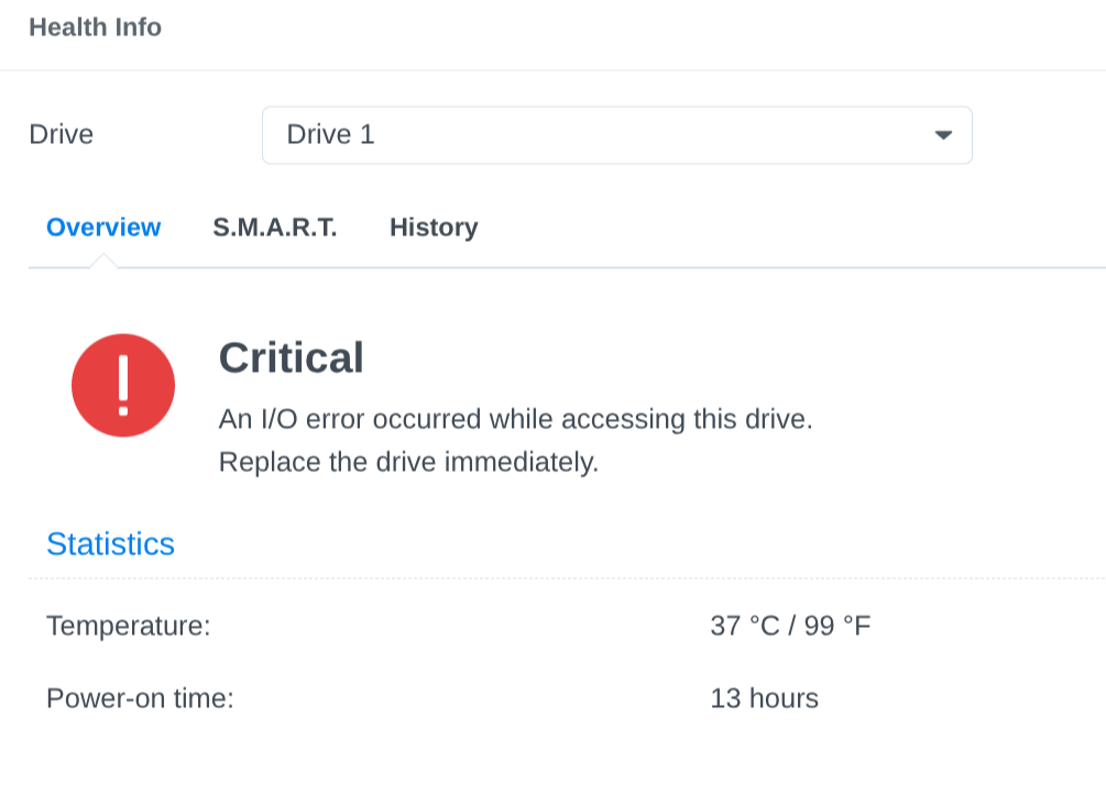 Disco 1 do Synology em estado crítico, com erro de I/O e 13 horas ligado