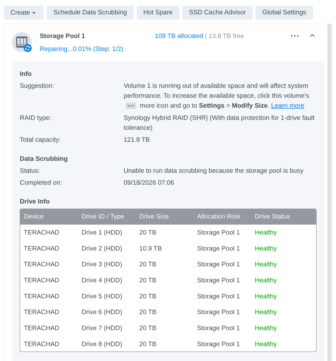 Storage Pool 1 do Synology em reparo, 0,01% concluído, com 108 TB alocados de 121,8 TB