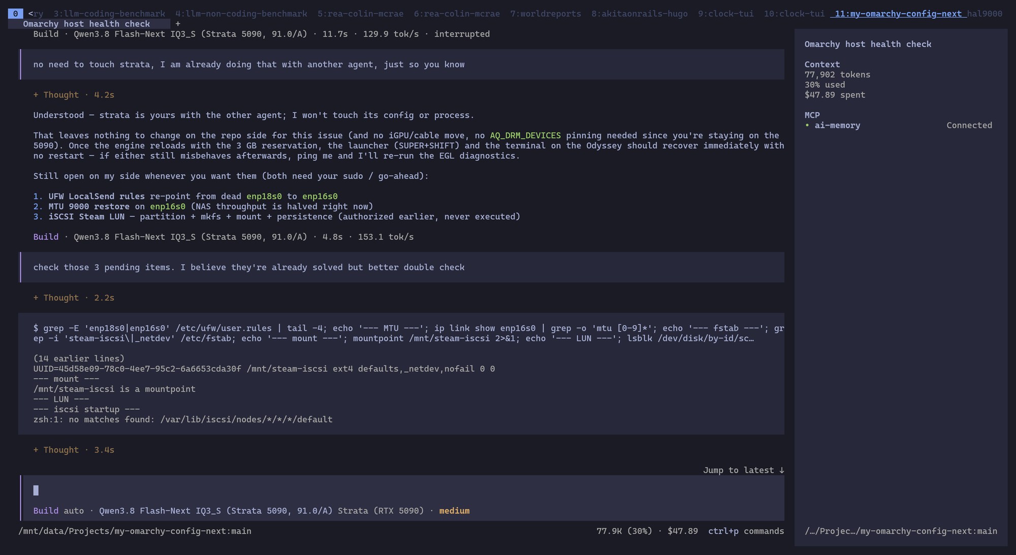 O OpenCode rodando o Qwen3.8 Flash-Next pelo Strata na RTX 5090, entre 129,9 e 153,1 tokens por segundo