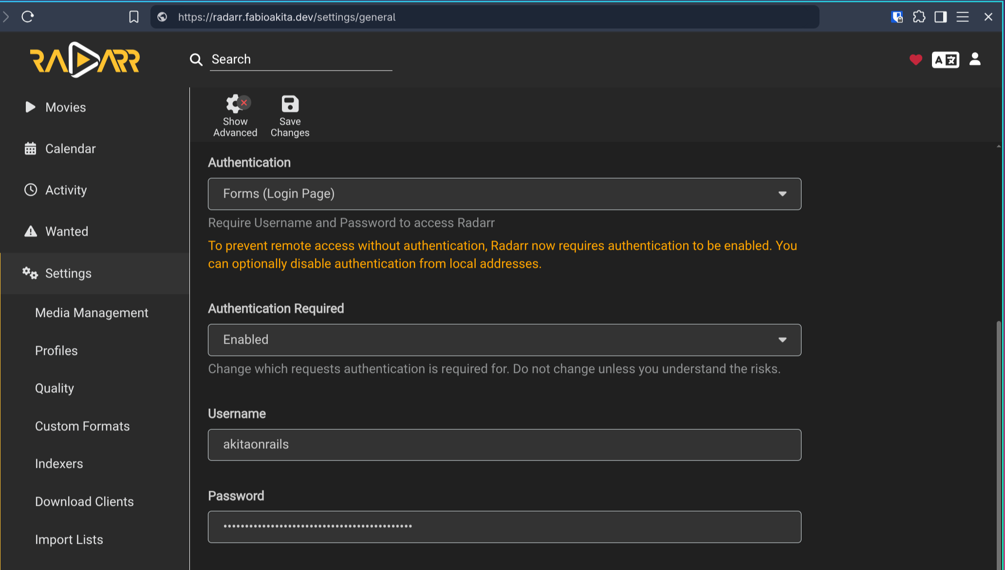 Radarr General Auth Settings